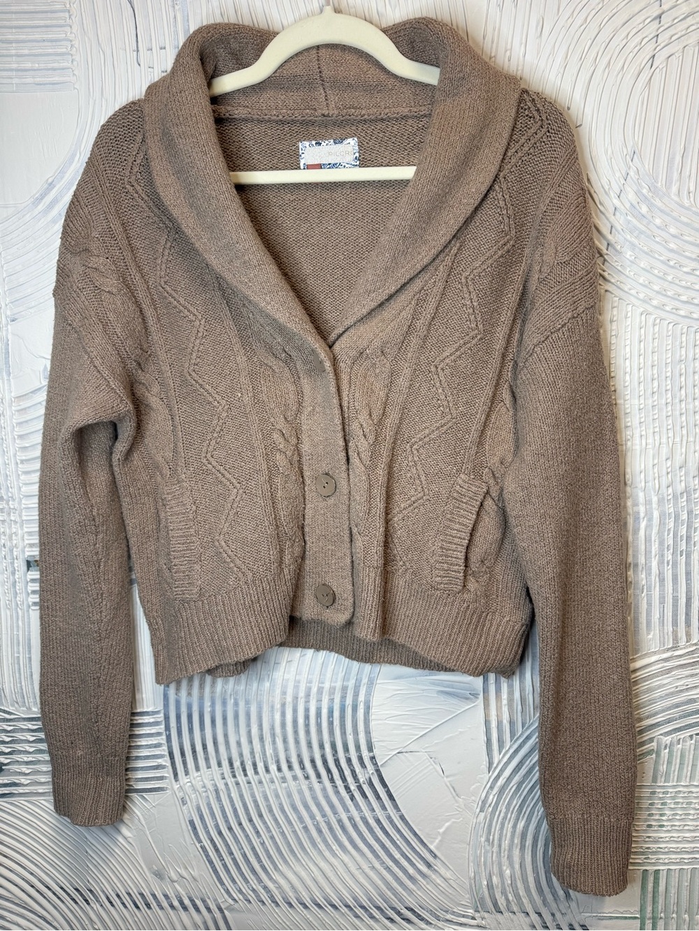 Pilcro Taupe Cable-Knit Shawl Collar Cardigan